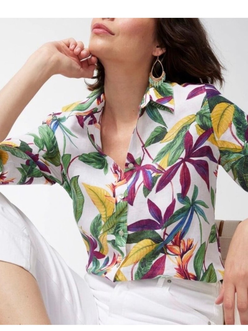 Chico’s Linen Button Front Shirt Tropical Floral Print White Size 0.5 US 6*#6